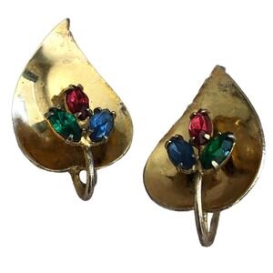 Vintage Gold Over Sterling Silver Diamond Four Leaf Clover Screw Back Earrings